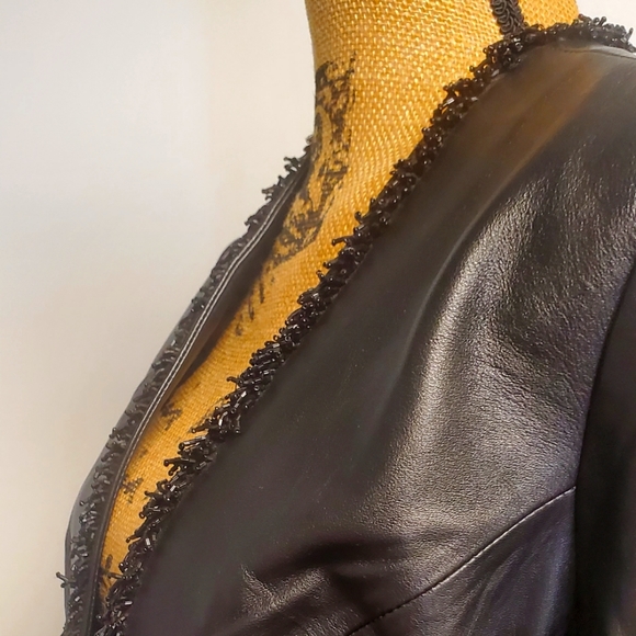 Cache Black Leather  Beaded Fringe Blazer Jacket  Size 12 - Picture 4 of 7